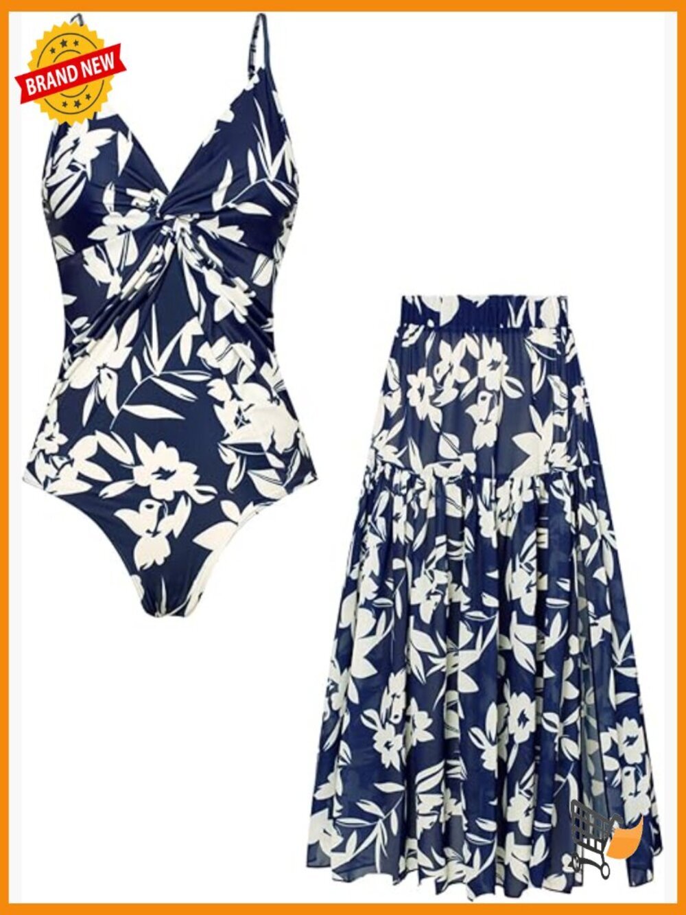 One Piece Swimsuit with Cover Up Skirt Tummy Control Twist V Neck